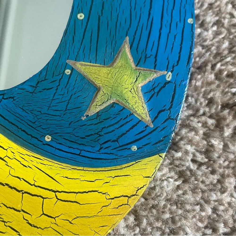 Vintage Wood Celestial Moon & Stars Oval wall Mirror or Picture Frame, 7” x 12”